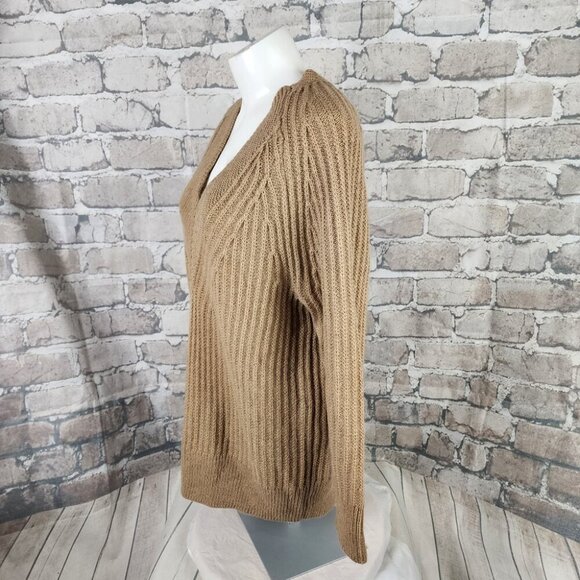 Banana Republic Deep V Neck Textured Pullover Wool Alpaca Sweater Camel Small - Picture 8 of 12